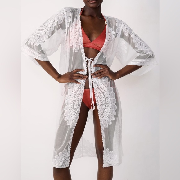 Etam Other - FINAL SALE - Etam White Sheer Lace Kimono Cover-Up size S/M